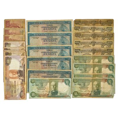 PORTUGUESE COLONIAL BANKNOTES. Set of 25 used Portuguese colonial banknotes. Timor 50$00 Regulo 
