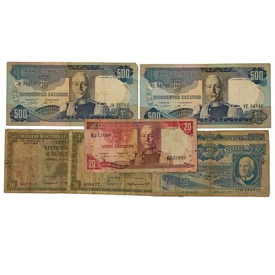 PORTUGUESE COLONIAL BANKNOTES. Set of 7 Portuguese colonial banknotes: Timor 20$00 Regulo D. 