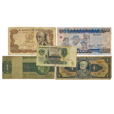 FOREIGN BANKNOTES. Set of 5 old used foreign banknotes. Spain 100 pesetas (17/11/70). Russia 3 