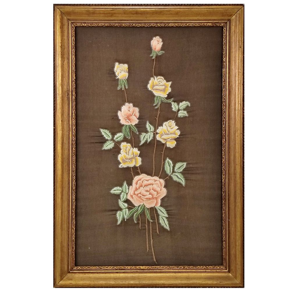 VERY OLD ORIGINAL EMBROIDERY. Very old floral embroidery on a brown silk background in the 