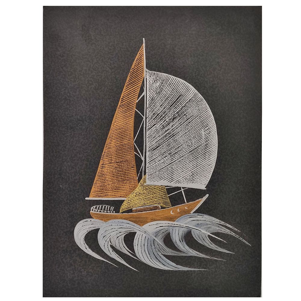 MIXED MEDIA ON CARD. Original - Mixed media on card with sailboat motif. Dimensions: 50 x 37 cm.
