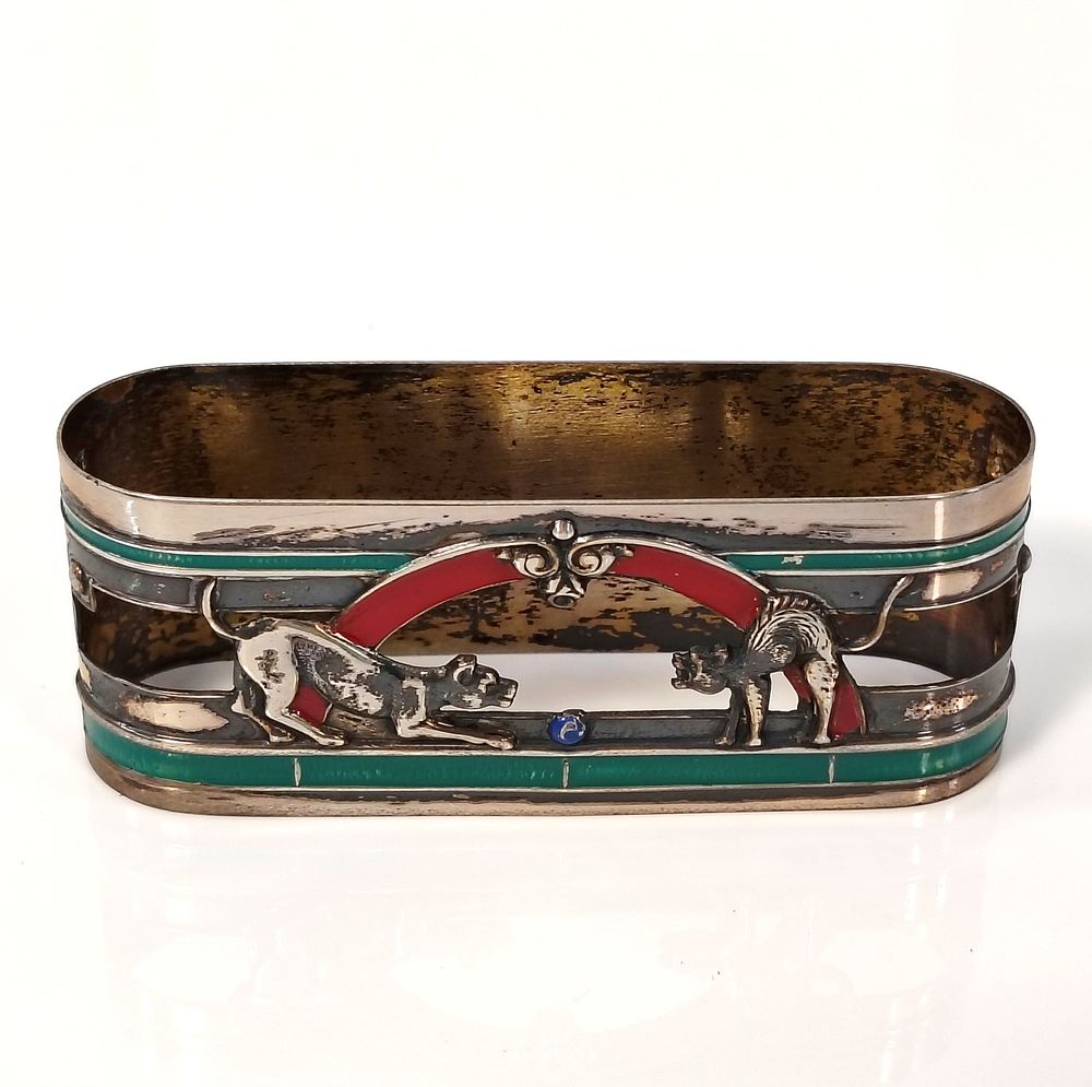 SILVER RING. Antique Portuguese silver napkin ring, hallmarked, with openwork featuring a dog 