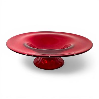 RUBY GLASS FRUIT BOWL/VASE. Ruby red glass fruit bowl/vase, often attributed to designer Monica 