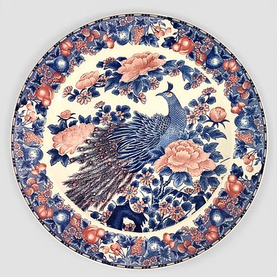 LARGE JAPANESE PLATE. Large Japanese plate, blue peacock decoration with pink flowers and dark 