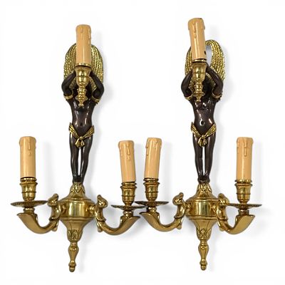 PAIR OF BRASS WALL SCONCES. Pair of wall sconces, each with 3 lights, Empire style in gilded 