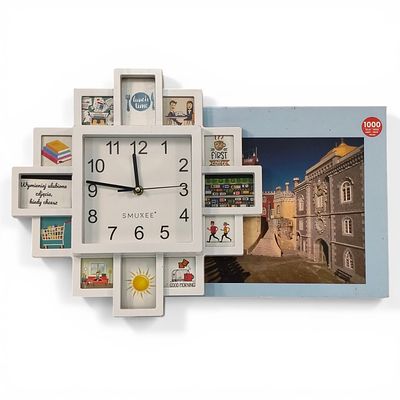 CLOCK AND PUZZLE SET. Wall clock with modern frame for 12 photos and a 1000-piece Pena Palace 