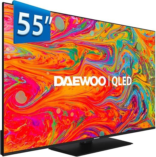 DAEWOO 55" QLED 4K UHD SMART TV. 55-inch television sold for repair or parts, which may present 