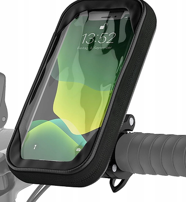 WATERPROOF BICYCLE PHONE HOLDER. Waterproof phone holder with handlebar mounting, ideal for 