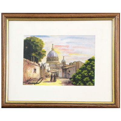 AGUARELA SOBRE CART&Atilde;O. Pintura aguarela, cena urbana com detalhe da Bas&iacute;lica de S&atilde;o Pedro em 