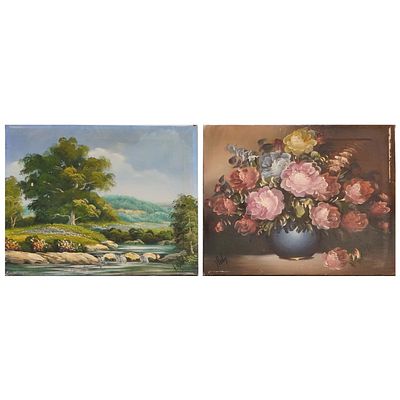 &Oacute;LEO SOBRE TELA. Conjunto de 2 &oacute;leos s/ tela,motivos floral e paisagem, assinados. Dimens&otilde;es: 