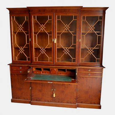 ENGLISH STYLE WALNUT ROOT BOOKCASE/DISPLAY CABINET WITH DESK. It features glazed doors with 