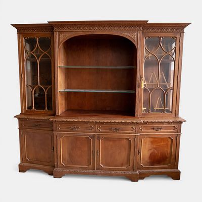 MAHOGANY DINING ROOM CABINET. Two-body classic style dining room cabinet, often associated with 