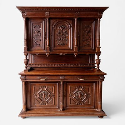 RUSTIC MAHOGANY CABINET. Mahogany sideboard cabinet, decorated with robust sculptural ornaments. 