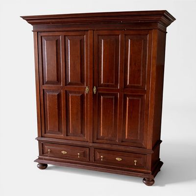 RUSTIC OAK WARDROBE. Classic solid oak wardrobe with two paneled doors, interior drawers and a 