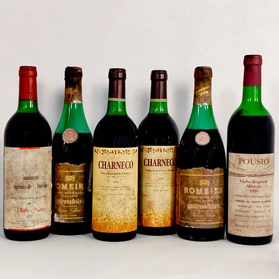 RED WINE SELECTION. Bottles of red wine, 2 Charneco 1991, 2 Romeira Garrafeira 1974, 1 Eug&eacute;nio 