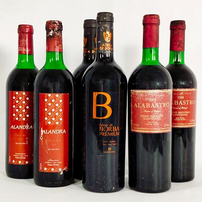 ALENTEJANO RED WINE. Bottles of red wine, 2 Alandra, 2 Borba Premium 2010, and 2 Alabastro 1998.