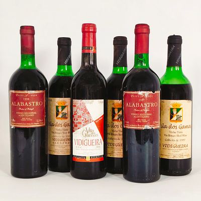 ALENTEJO RED WINE. Bottles of red wine, 2 Alabastro 1998, Vila dos Gamas 2006 and 1997.
