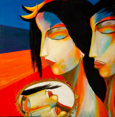 FERNANDA ROMANO. Original oil painting on canvas, signed, 'Figures' motif. Dimensions: image 