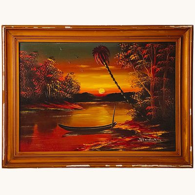 JOS&Eacute; RODRIGUES. Original oil painting on hardboard, signed, motif "Landscape". Dim: image size 