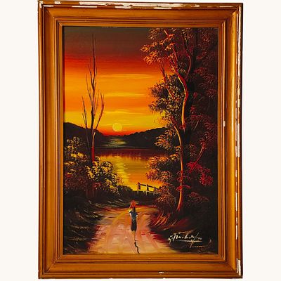 JOS&Eacute; RODRIGUES. Original oil painting on hardboard, signed, motif "Landscape with Figure". Dim: 