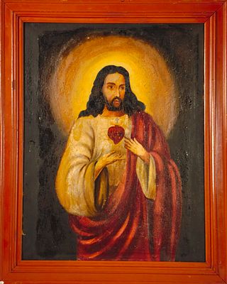 SACRED HEART OF JESUS. Original oil painting on canvas, motif "Sacred Heart of Jesus". Dim: 