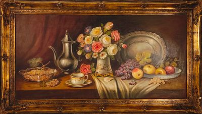M. FONTANA. Original oil painting on canvas, signed, motif "Still Life". Dim: image 60x120 cm. 