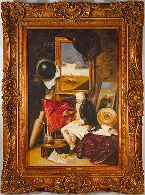 INTERIOR SCENE. Original oil painting on canvas, motif "Interior Scene". Dim: image 90x60 cm. 
