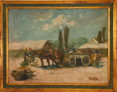 LANDSCAPE WITH FIGURES. Oil painting on canvas, signed, motif "Landscape with Figures". Dim: 