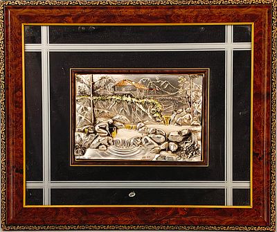 EMBOSSED LANDSCAPE. Embossed plate with silver laminate, applied on a mirrored background, motif 