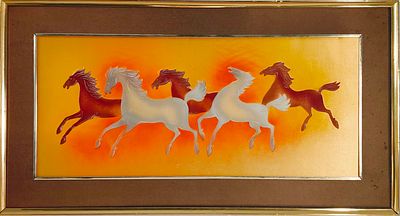 YVONNE. Painting on silk, signed, motif "Horses". Dim: image area 38x85 cm. Dim: frame 55x102 cm
