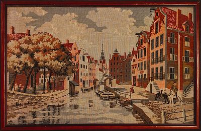 LANDSCAPE. Gobelin style tapestry, motif "Landscape". Dim: image area 46x72 cm. Dim: frame 50x78 cm