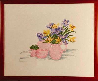 STILL LIFE. Decorative cross-stitch embroidered frame, motif "Still Life". Dim: image area 50x60 