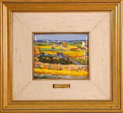 VAN GOGH. Fire-enameled plate, motif "Landscape - The Blue Car". Dim: image area 13x15 cm. Dim: 