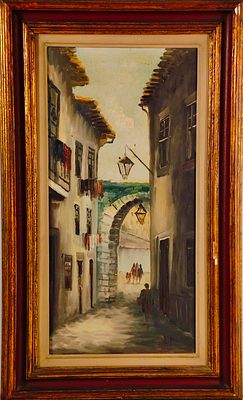 TOWNSCAPE. Original oil painting on canvas, signed, motif "Townscape". Dim: image area 50x25 cm. 