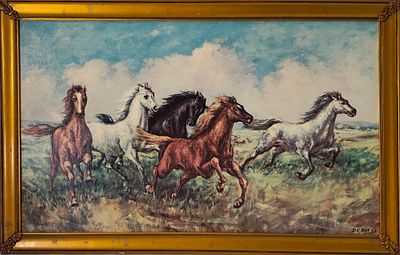 HORSES. Decorative print on hardboard, motif "Horses". Dimensions: image 60x100 cm. Dimensions: 