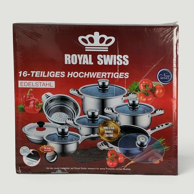 ROYAL SWISS STAINLESS STEEL POT SET. 16-piece cookware set (new and packaged) (pots and glass 