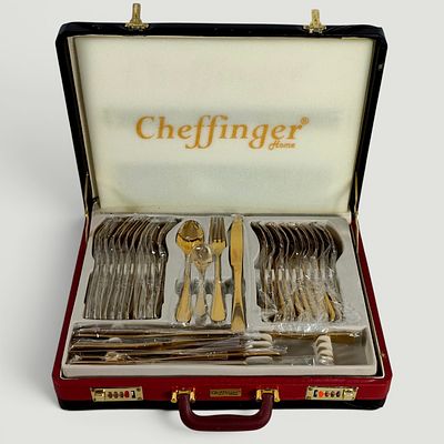 LUXURY DINING CHEFFINGER 72-PIECE GOLD-PLATED CUTLERY SET. Cheffinger brand 72-piece cutlery set 