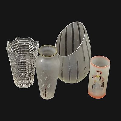 GLASS JUGS. Set of 4 glass jugs: 1 modernist, vintage, with frosted stripes; 1 in frosted glass 