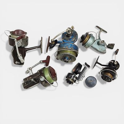CARRETES DE PESCA. Conjunto de 6 carretes de pesca vintage, s&atilde;o valorizados por colecionadores 