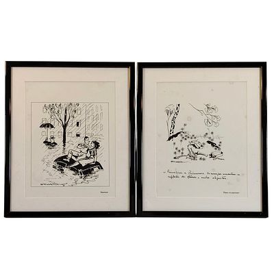 STUART CARVALHAIS. Lithographs on paper, 2 graphic works, Flood and After the Picnic. 