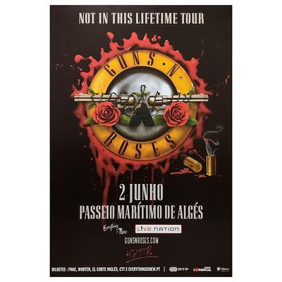 GUNS N&acute;ROSES. Cartaz promocional para concerto de Guns N' Roses em Portugal. Papel s/ MDF 5mm. 