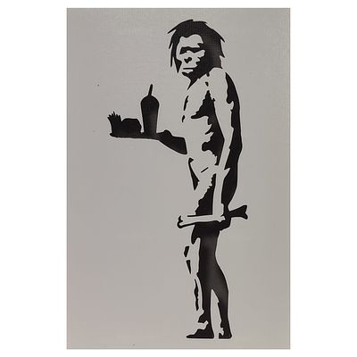 BANKSY. Impress&atilde;o s/papel colado sobre k-line. T&iacute;tulo: Caveman With Fast Food. Dimens&otilde;es: 30x20cm