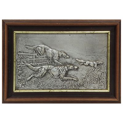 TIN AND ALUMINUM. Picture, metal alloy, tin and aluminum, raised motifs, dogs and fox. Frame 