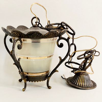 CEILING LAMP. Ceiling lamp in patinated metal and frosted glass, one light, lantern-like shape. 