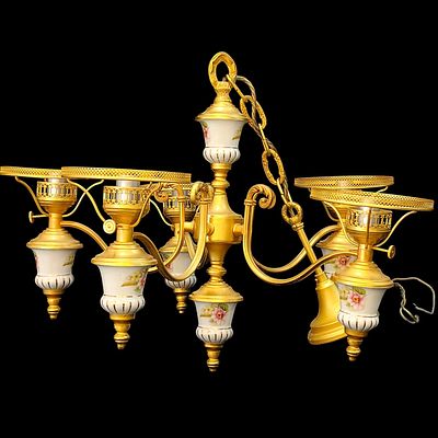 CEILING LAMP. Ceiling lamp in gilded patinated metal and porcelain with floral motifs, 5 lights. 