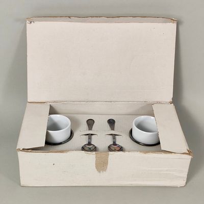 VINTAGE COFFEE SET 1970s. Set of 2 white porcelain coffee cups with supports and spoons made of 