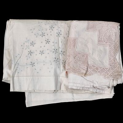 2 HAND-EMBROIDERED HIGH-QUALITY COTTON SHEETS. Two vintage white cotton sheets: 1 with hand 