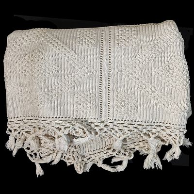 HANDCRAFTED CROCHET BEDSPREAD. White square lace bedspread, handmade cotton crochet work, with 