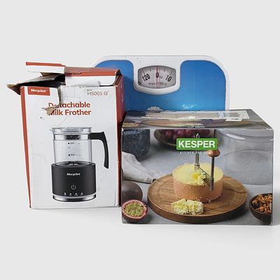 KITCHEN AND HOME LOT: ELECTRIC MILK FROTHER, KESPER CHEESE SLICER AND SCALE. Set of Morpilot 