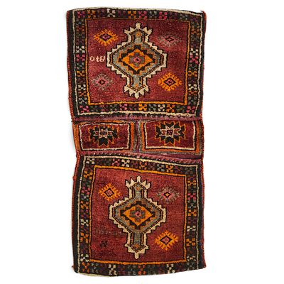 VINTAGE TURKISH DOUBLE SADDLEBAG (HEYBE) IN WOOL - ANATOLIAN TRIBAL ART. Rare traditional double 